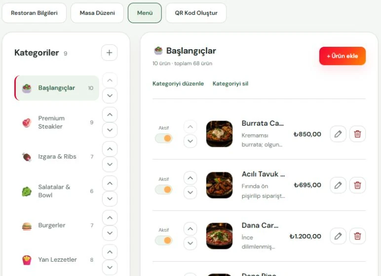RDA SteakHouse · Gerçek menü yönetim ekranı